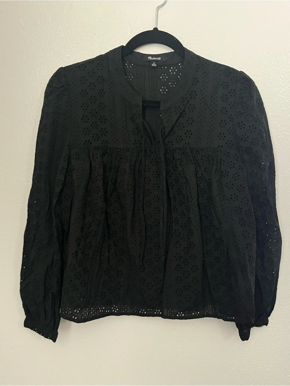 Madewell Eyelet Double-Tie Black Puff Sleeve Peasant Blouse